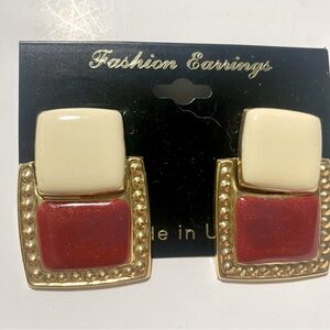 VTG 80s pierced earrings stylish maximalism deep orangey red made in USA